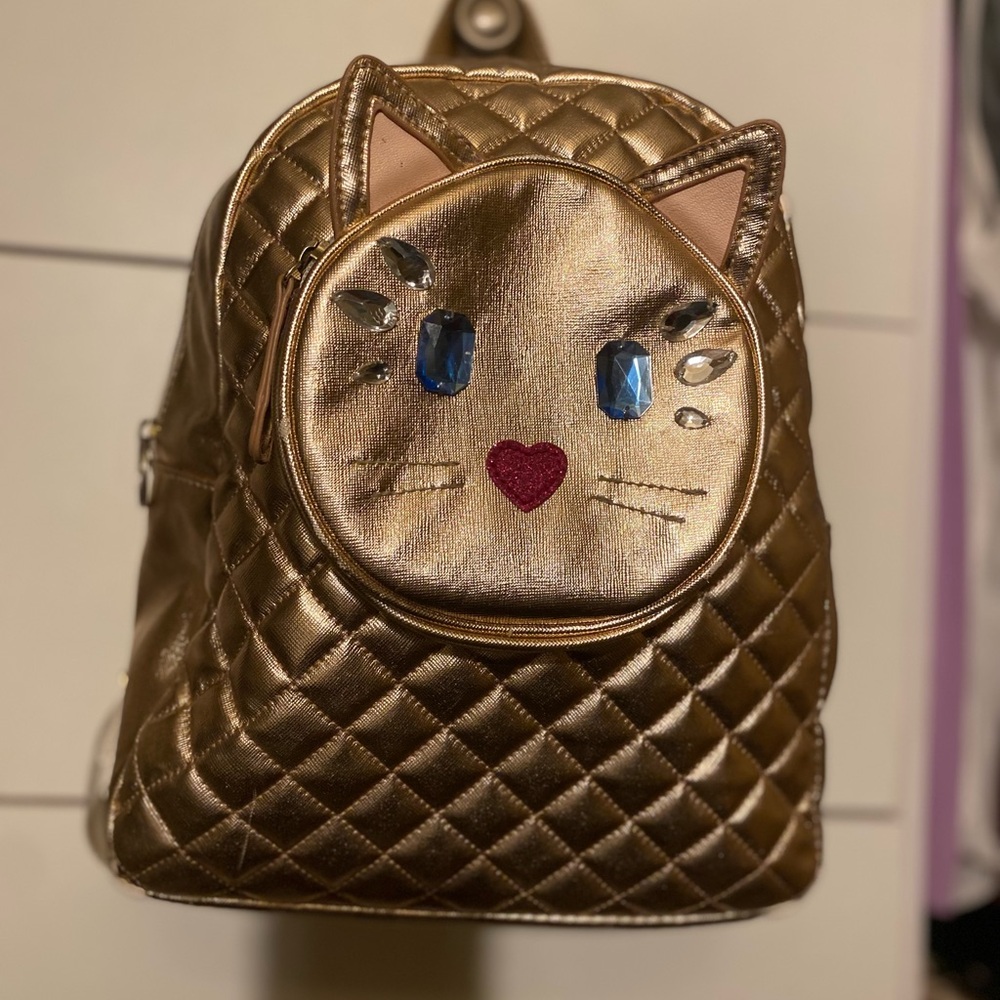 Chic Quilted Gold Cat Backpack - image 1